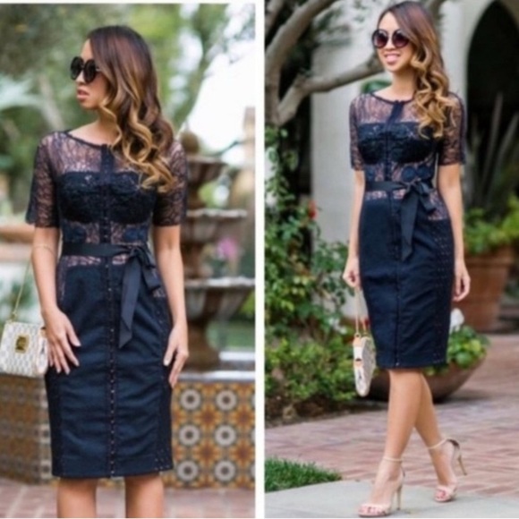 ANTHROPOLOGIE x BYRON LARS •RARE• Beguile Navy Blue Carissima Lace Dress Size 2P - Picture 5 of 14